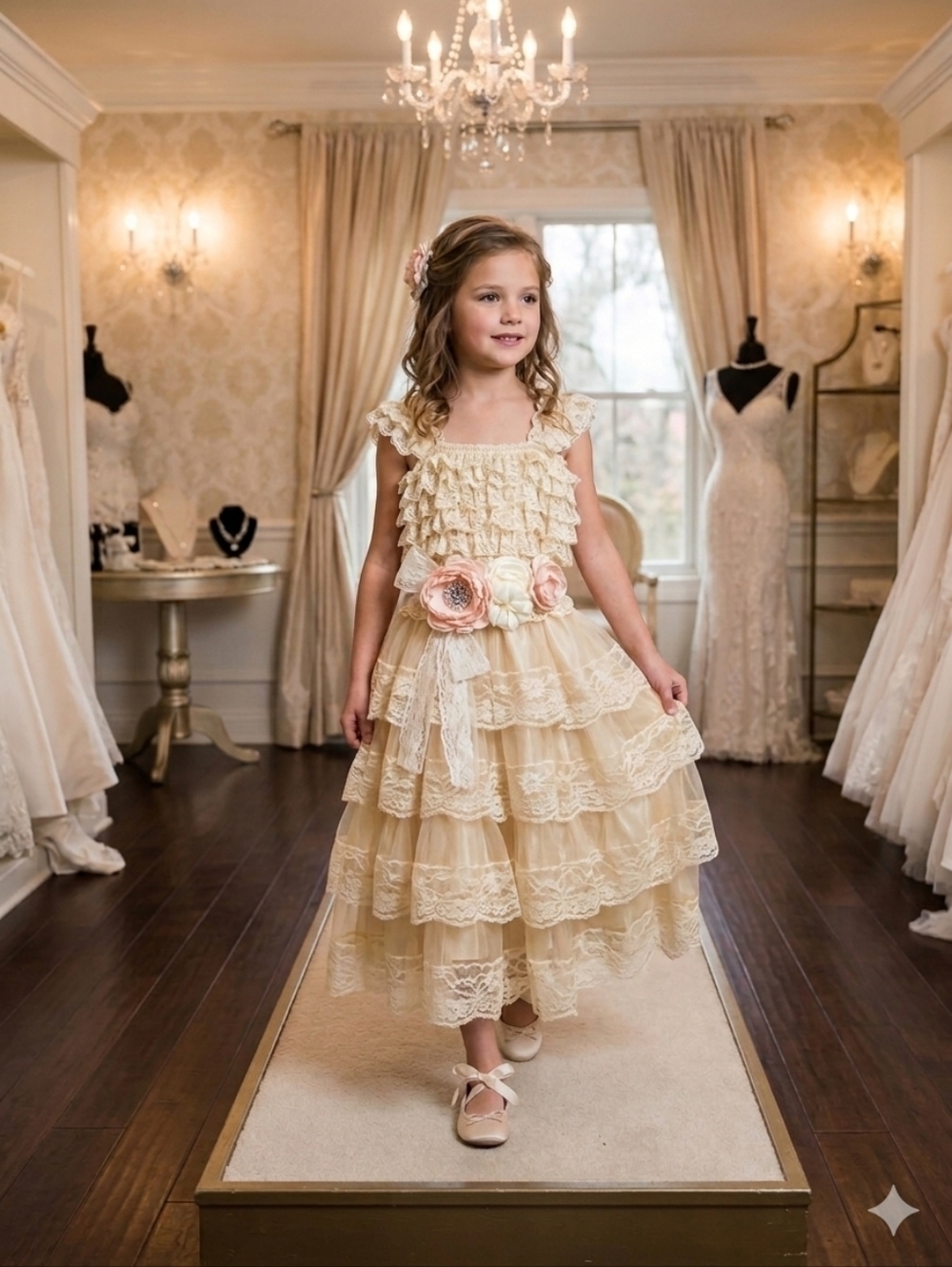 Think Pink Ivory Ruffled Lace Tiered SleevelessDress, S 7/8, NWOT